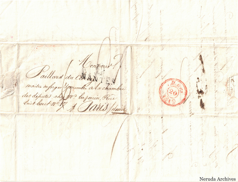 NRA-L-000326 image 1 showing a folded French address panel to Monsieur Paillard in Paris, with a red circular postal mark and manuscript docketing.