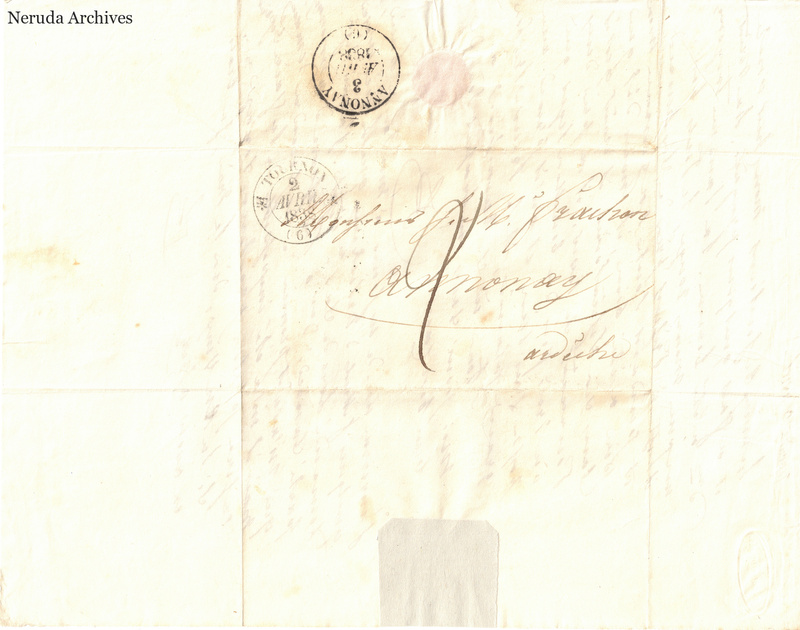 NRA-L-000527 image 1 showing a folded address panel to a Frachon correspondent with postal marks, routing notes, seals and visible folds.