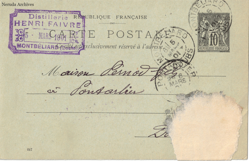 NRA-L-000193 image 1 showing the address side of a postcard sent by Henri Faivre to Pernod Fils, with contemporary postal and business marks.