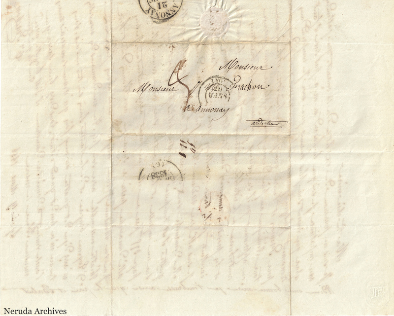 NRA-L-000558 image 1 showing a folded address panel to a Frachon correspondent with postal marks, routing notes, seals, folds and retained annotations.