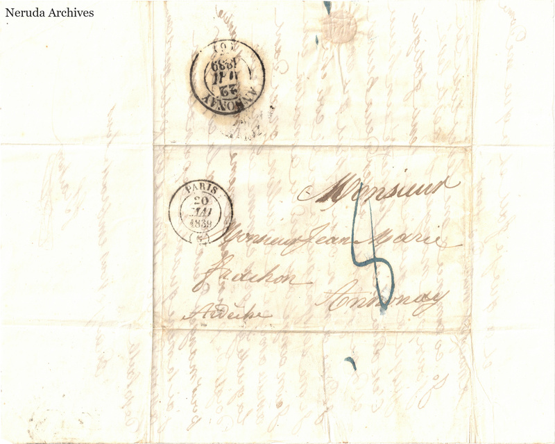 NRA-L-000534 image 1 showing a folded address panel to a Frachon correspondent with postal marks, routing notes, seals and visible folds.