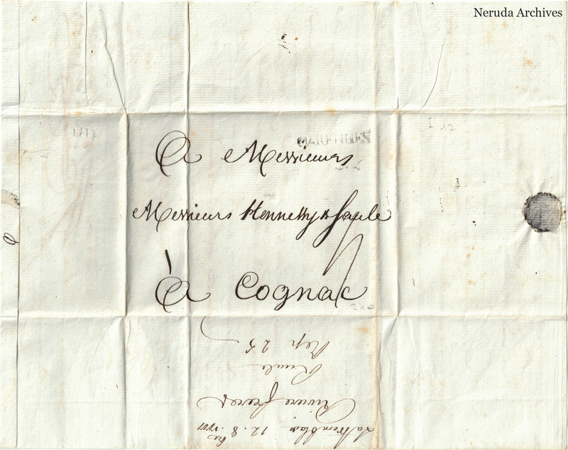 NRA-L-000391 image 1 showing the folded address panel to the Hennessy firm and a named partner in Cognac, with a dark sealing remnant and later docketing.