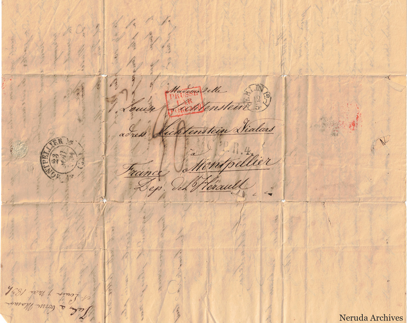 NRA-L-000060 image 1 showing the address panel to Louise Lichtenstein in Montpellier, with red forwarding marks, circular postal cancellations and folded docketing.