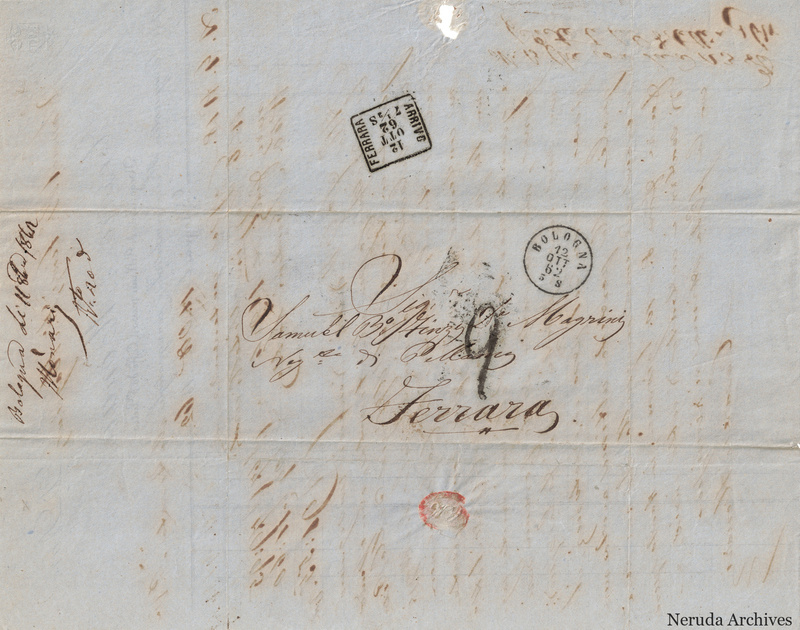 NRA-L-000761 image 1 showing the address to Samuel B° Finzi D° Magrini at Ferrara, postal marks and filing notes.