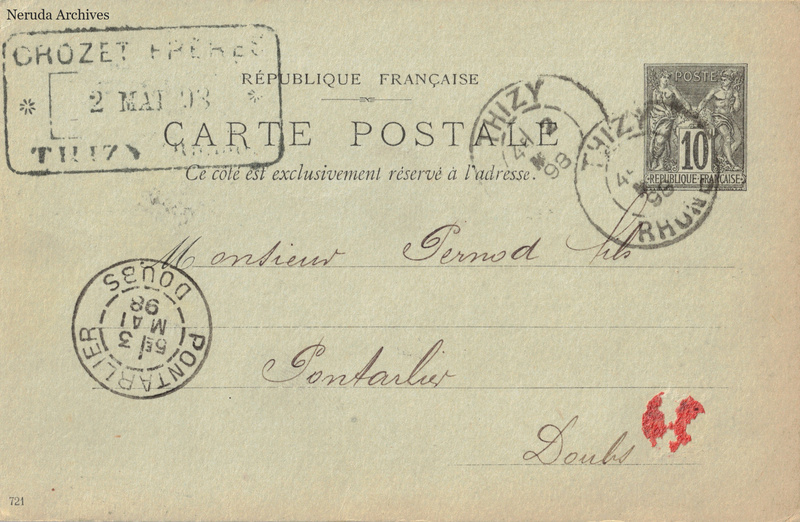 NRA-L-000309 image 1 showing the complete address side of the postcard, with the recipient address, postage, postmarks and contemporary business or filing marks.