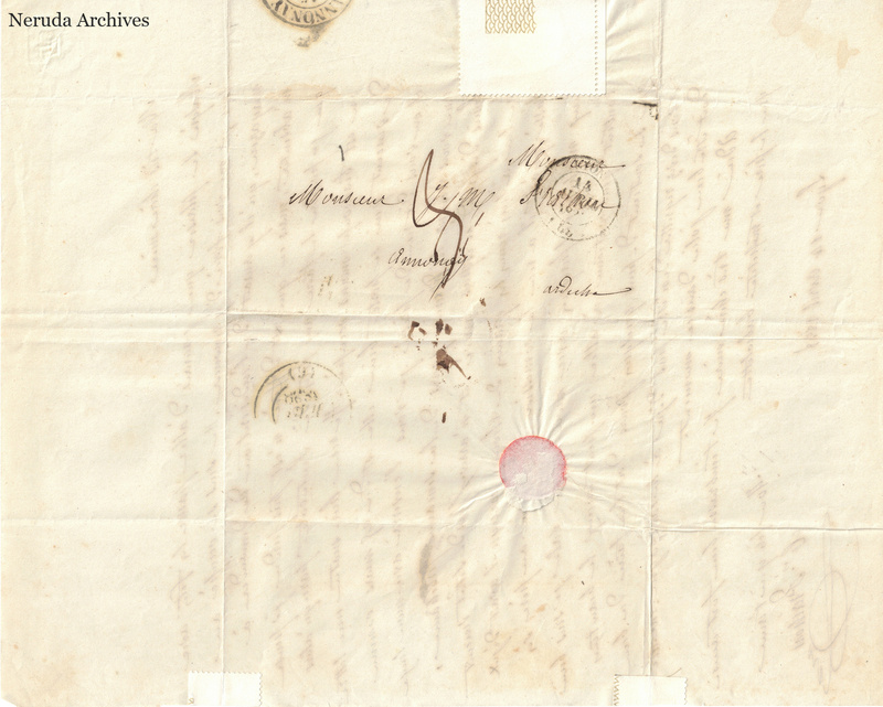 NRA-L-000556 image 1 showing a folded address panel to a Frachon correspondent with postal marks, routing notes, seals, folds and retained annotations.