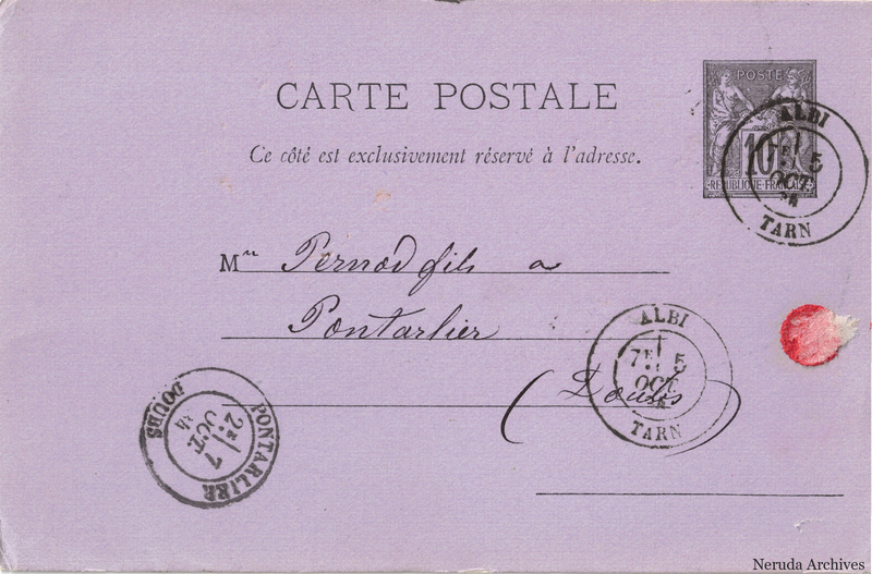 NRA-L-000265 image 1 showing the address side of a postcard sent by Alquié & Magna to Pernod Fils, with contemporary postal and business marks.