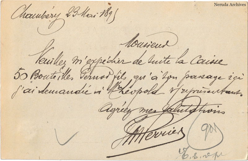 NRA-L-000236 image 2 showing the handwritten message from J. Perrier, Grand Café to Pernod Fils, with contemporary annotations and the sender's signature or business mark.