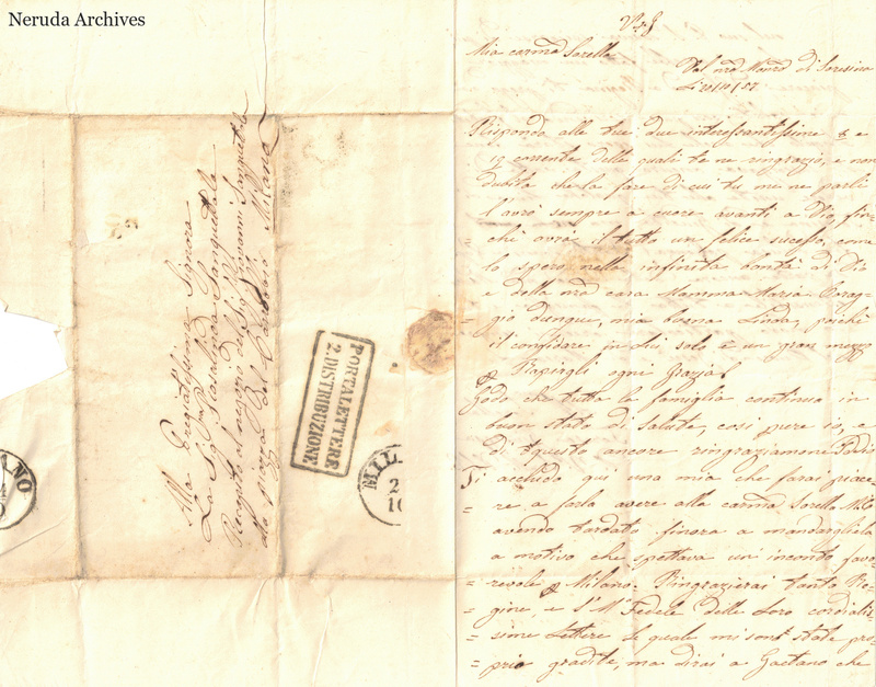 NRA-L-000649 image 1 showing the address panel, postal evidence and opening Italian manuscript text on an unfolded historical letter.