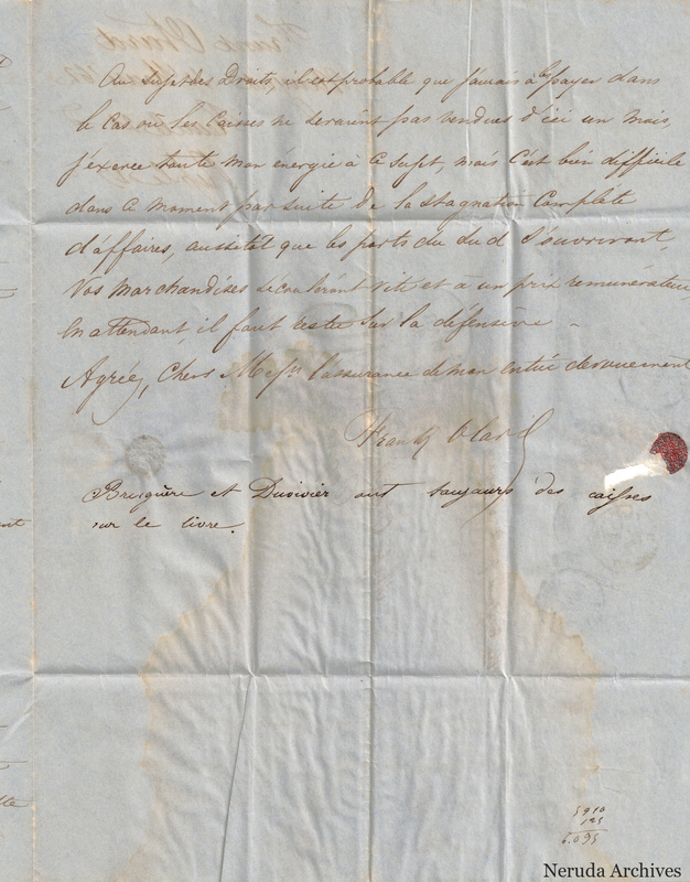 NRA-L-000414 image 4 showing the closing and signature of a handwritten French letter, with later customs docketing.
