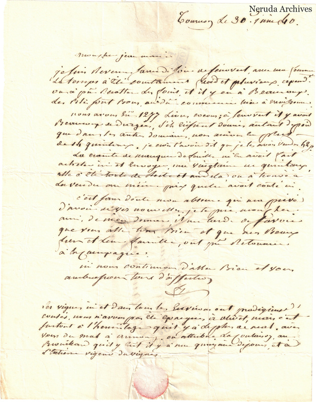 NRA-L-000571 image 2 showing a handwritten French letter with dateline, manuscript text, closing, signature, later notes, folds and paper edges.