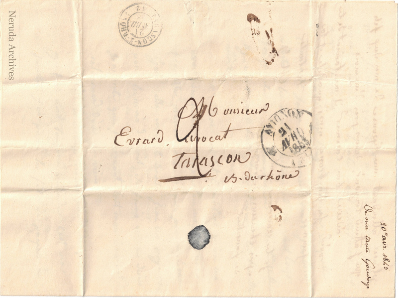 NRA-L-000024 image 1 showing the address panel, docketing and postal marks for M. G.'s letter to Monsieur Evrard in Tarascon.