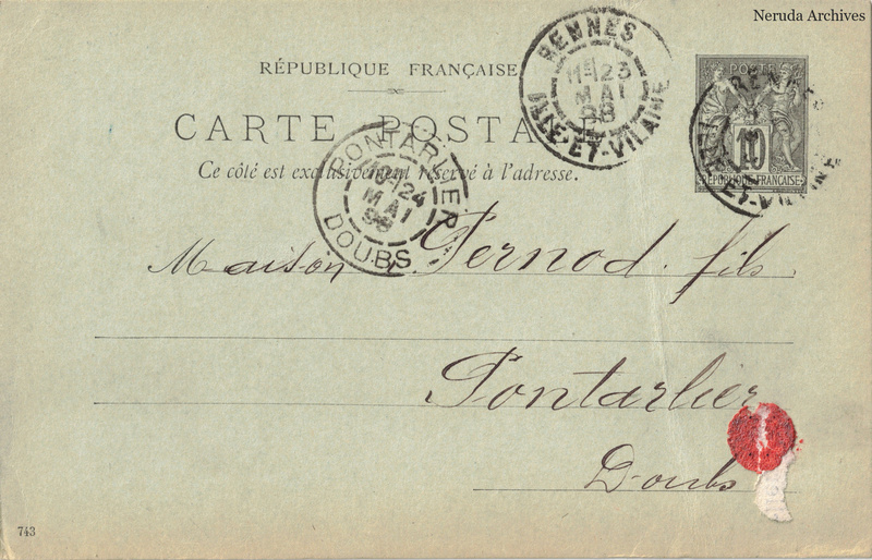 NRA-L-000230 image 1 showing the address side of a postcard sent by Ch. Dubayle to Pernod Fils, with contemporary postal and business marks.