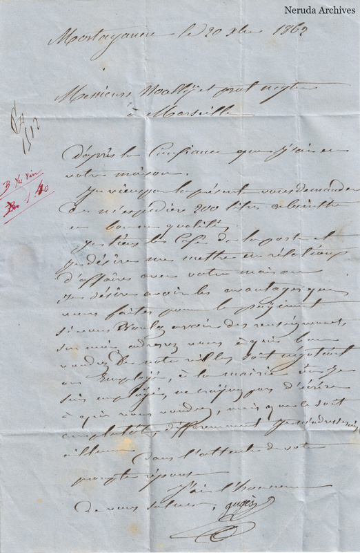 NRA-L-000131 image 2 showing a handwritten commercial letter dated at Montauban, with a marginal note, later red-ink calculations, signature and folds.