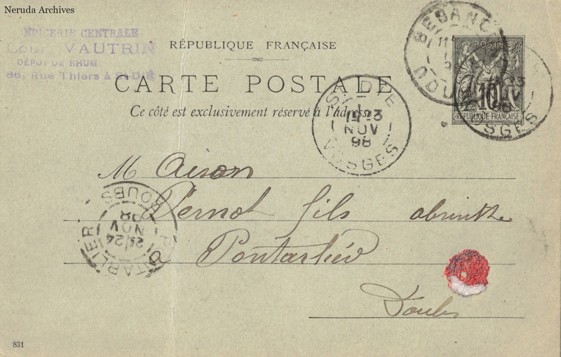 NRA-L-000182 image 1 showing the postcard address panel to Pernod fils in Pontarlier, with postage stamp, postmarks and the sender's business mark.