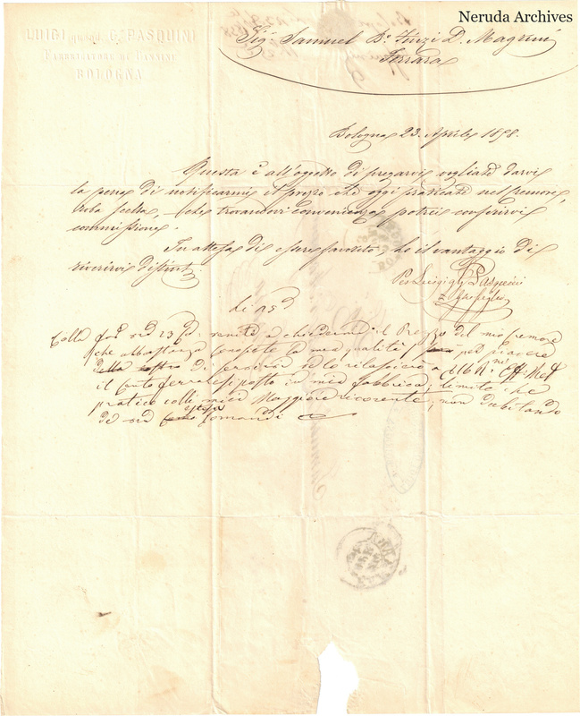 NRA-L-000755 image 2 showing the business letter dated 1858-04-23 from Bologna, including the lower reply draft with cancellations and insertions.