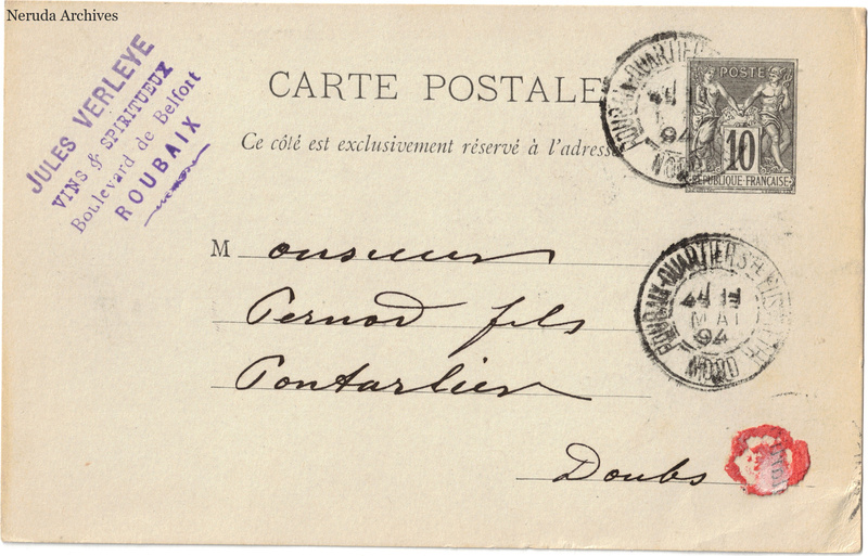 NRA-L-000253 image 1 showing the address side of a postcard sent by Jules Verleye to Pernod Fils, with contemporary postal and business marks.
