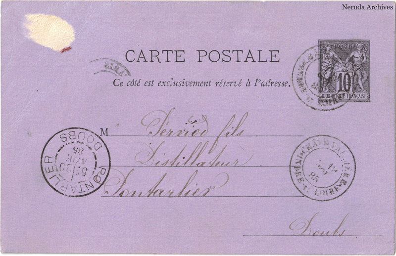 NRA-L-000333 image 1 showing the address side of a postcard sent by Pichard Leroux to Pernod Fils, with contemporary postal and business marks.