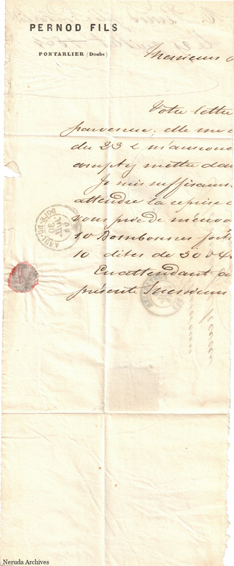 NRA-L-000145 image 2 showing a narrow surviving fragment of a Pernod fils letterhead and handwritten letter, with postal impressions, a red seal remnant, folds and an irregular missing right edge.