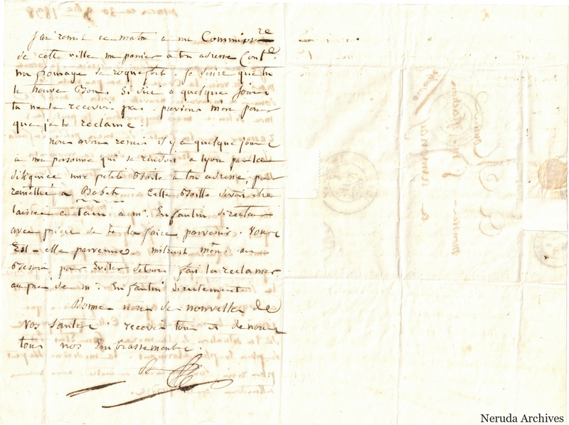 NRA-L-000564 image 2 showing a folded French letter combining manuscript text, address panel, postal marks, seals, folds and retained annotations.