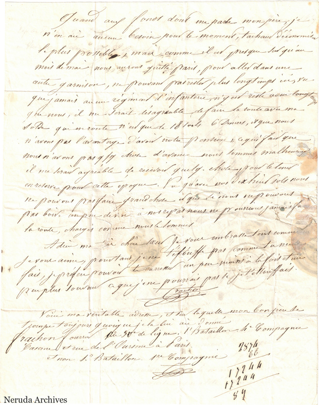 NRA-L-000605 image 4 showing a handwritten French letter continuation with closing, signature, retained marginal or later annotations, visible folds and complete physical paper edges.
