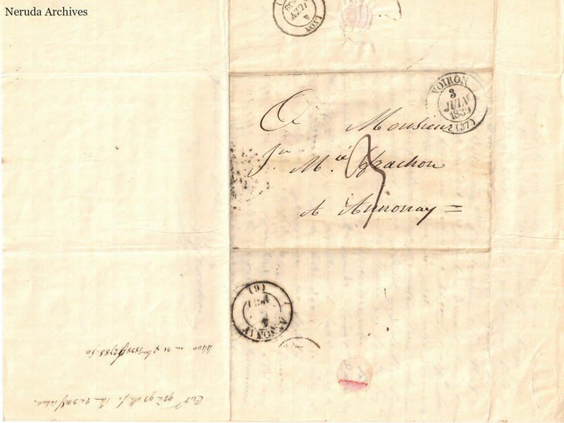 NRA-L-000507 image 1 showing a folded address panel to a Frachon correspondent with postal marks, routing notations and visible folds.