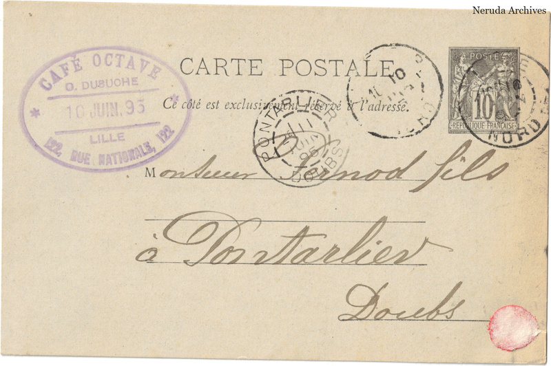 NRA-L-000254 image 1 showing the address side of a postcard sent by O. Dubuche, Café Octave to Pernod Fils, with contemporary postal and business marks.