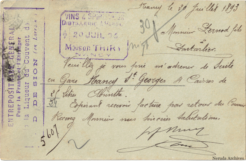 NRA-L-000184 image 2 showing the handwritten postcard message sent from Nancy, with absinthe-trade correspondence and the sender's signature.