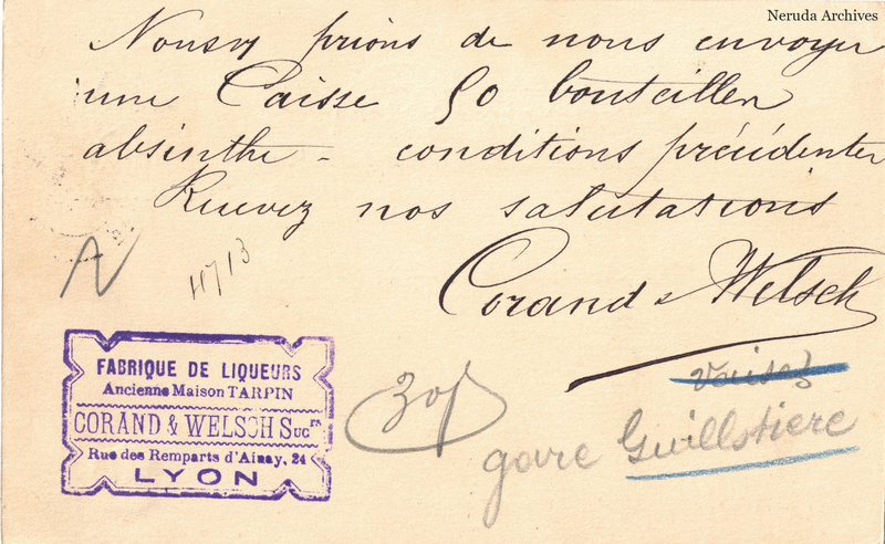 NRA-L-000279 image 2 showing the handwritten message from Corand & Welsch to Pernod Fils, with contemporary annotations and the sender's signature or business mark.