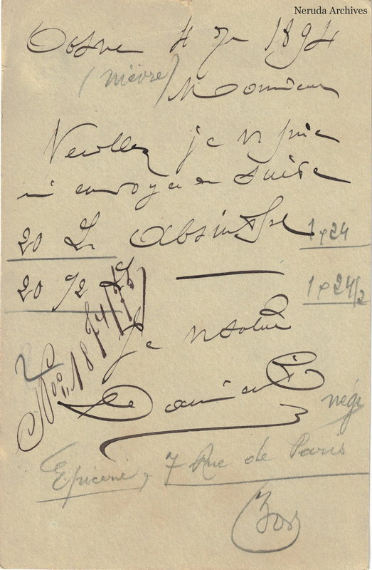 NRA-L-000196 image 2 showing the handwritten message from Damien Fils to Pernod Fils, with contemporary annotations and the sender's signature or business mark.