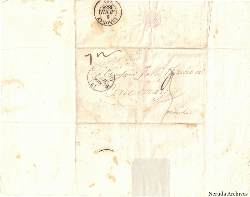 NRA-L-000526 image 1 showing a folded address panel to a Frachon correspondent with postal marks, routing notes, seals and visible folds.