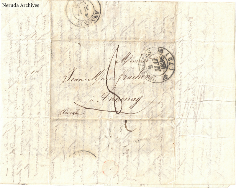 NRA-L-000609 image 1 showing a folded address panel to a Frachon correspondent at Annonay, with handwritten delivery address, postal marks, sealing evidence, folds and retained annotations.