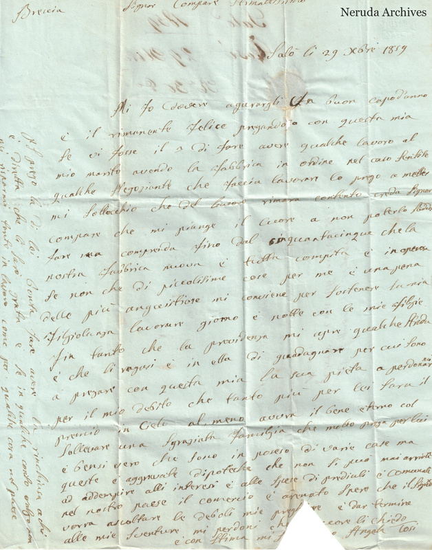 NRA-L-000328 image 2 showing an Italian letter dated at Salo on 29 December 1819, with marginal writing, fold damage and a triangular loss at the lower edge.