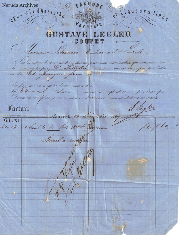 NRA-L-000132 image 2 showing a blue printed Gustave Legler invoice and receipt from Couvet, with handwritten entries, signatures, folds, stains, seal evidence and a damaged lower-right corner.