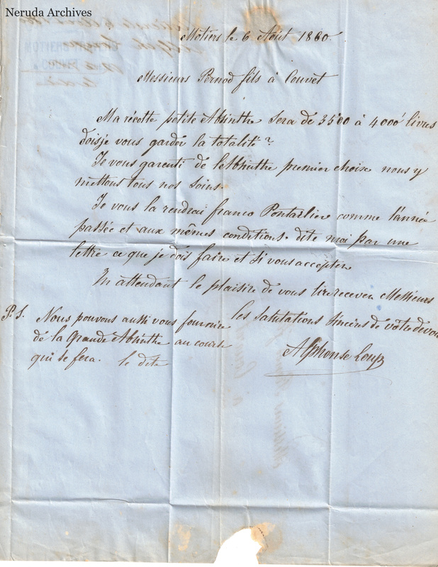 NRA-L-000110 image 2 showing a French letter dated at Môtiers and addressed to Pernod fils in Couvet concerning absinthe, with a closing signature and lower-edge paper loss.
