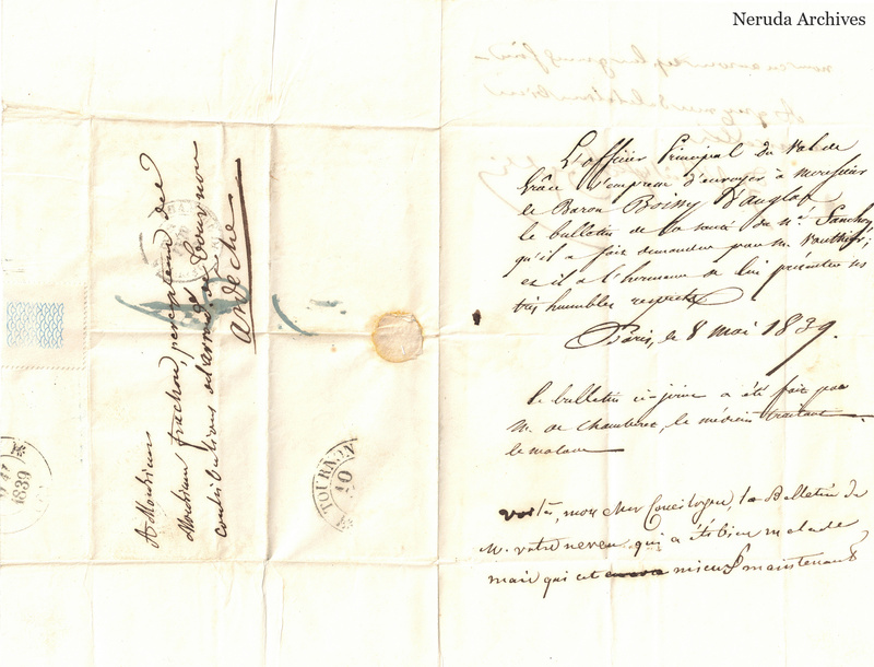 NRA-L-000537 image 1 showing a folded French letter combining manuscript text, address panel, postal marks and retained annotations.