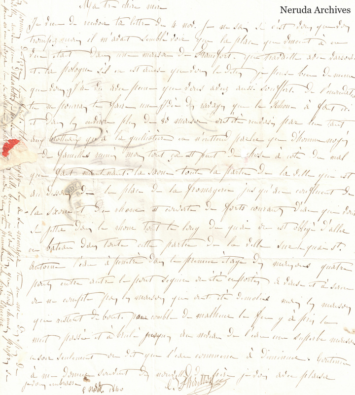 NRA-L-000542 image 2 showing a handwritten French letter continuation with closing, signature, later notes, folds and paper edges.