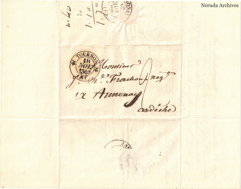 NRA-L-000598 image 1 showing a folded address panel to a Frachon correspondent at Annonay, with handwritten delivery address, postal marks, sealing evidence, folds and retained annotations.