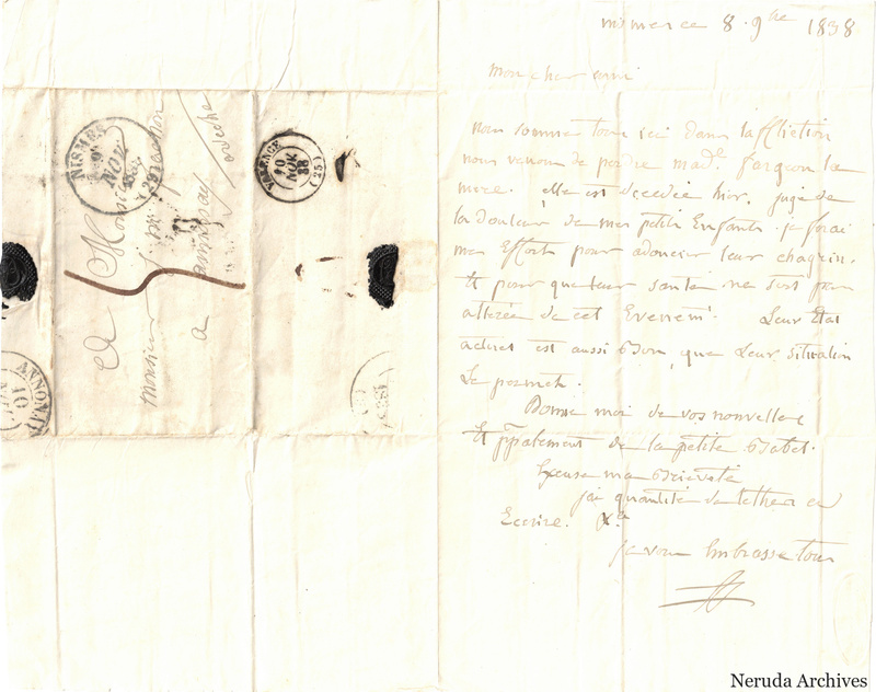 NRA-L-000565 image 1 showing a folded French letter combining manuscript text, address panel, postal marks, seals, folds and retained annotations.
