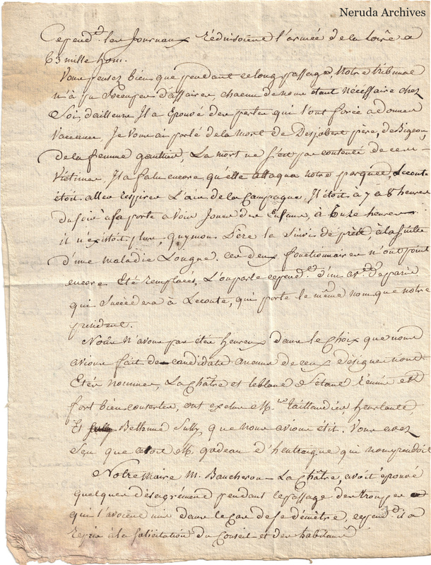 NRA-L-000682 image 4 showing a long French handwritten letter with marginal additions and folded paper edges, text side 3.
