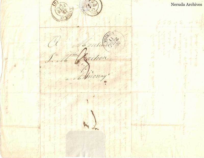 NRA-L-000506 image 1 showing a folded address panel to a Frachon correspondent with postal marks, routing notations and visible folds.