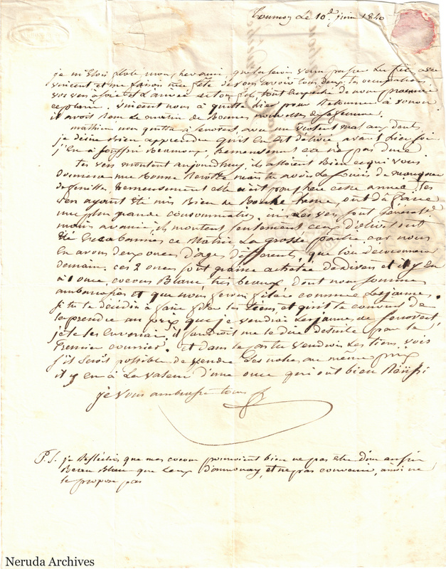 NRA-L-000572 image 2 showing a handwritten French letter with dateline, manuscript text, closing, signature, later notes, folds and paper edges.