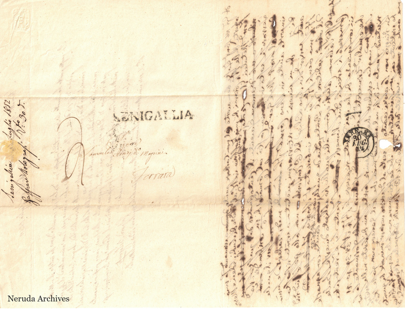 NRA-L-000701 image 1 showing the address panel, postal impressions, seal remains and filing evidence in the Senigallia letter of 28 July1852.