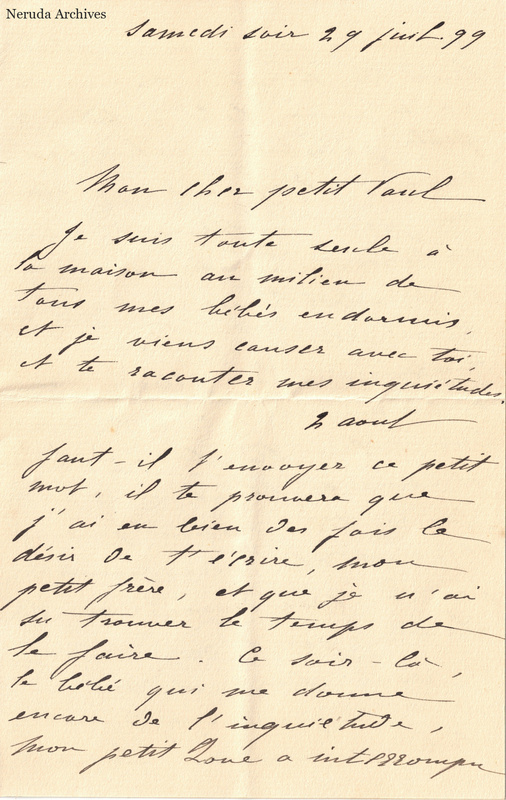 NRA-L-000148 image 3 showing the opening French manuscript page dated Saturday evening, 29 July 1899, addressed affectionately to Paul and crossed by a horizontal fold.