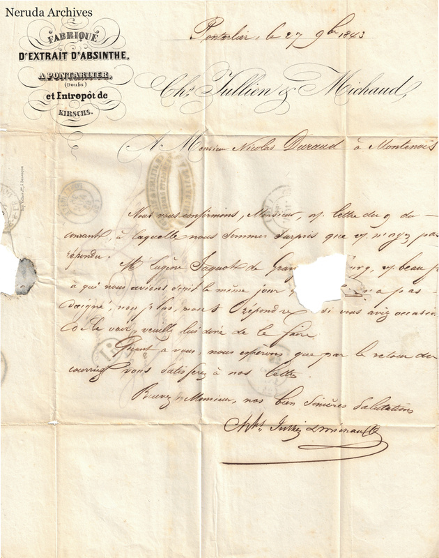 NRA-L-000144 image 2 showing a handwritten letter on printed absinthe-extract factory letterhead from Pontarlier, with signature, folds and physical losses along the left edge and within the sheet.