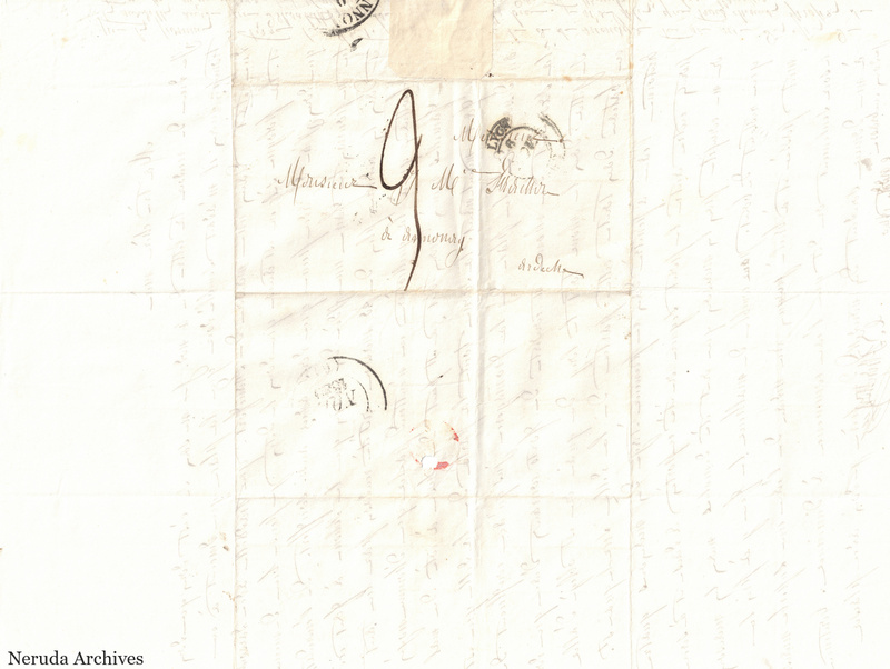 NRA-L-000542 image 1 showing a folded address panel to a Frachon correspondent with postal marks, forwarding notes, seals and visible folds.