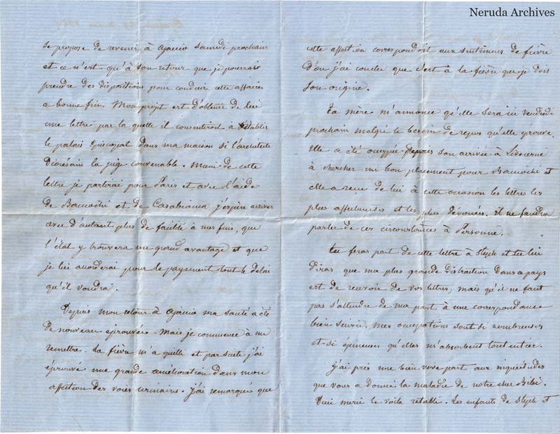 NRA-L-000051 image 3 showing two adjoining pages of French letter text on blue paper.