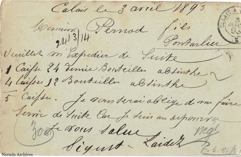 NRA-L-000264 image 2 showing the handwritten message from Piquet-Laidez to Pernod Fils, with contemporary annotations and the sender's signature or business mark.