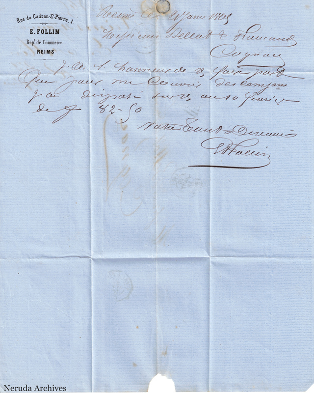 NRA-L-000450 image 2 showing page 1 of the French commercial letter on blue paper, including the closing and signature.