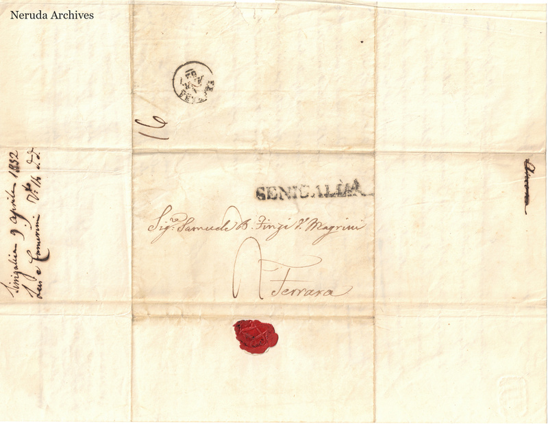 NRA-L-000702 image 1 showing the address panel, postal impressions, seal remains and filing evidence in the Senigallia letter of 9 April1852.